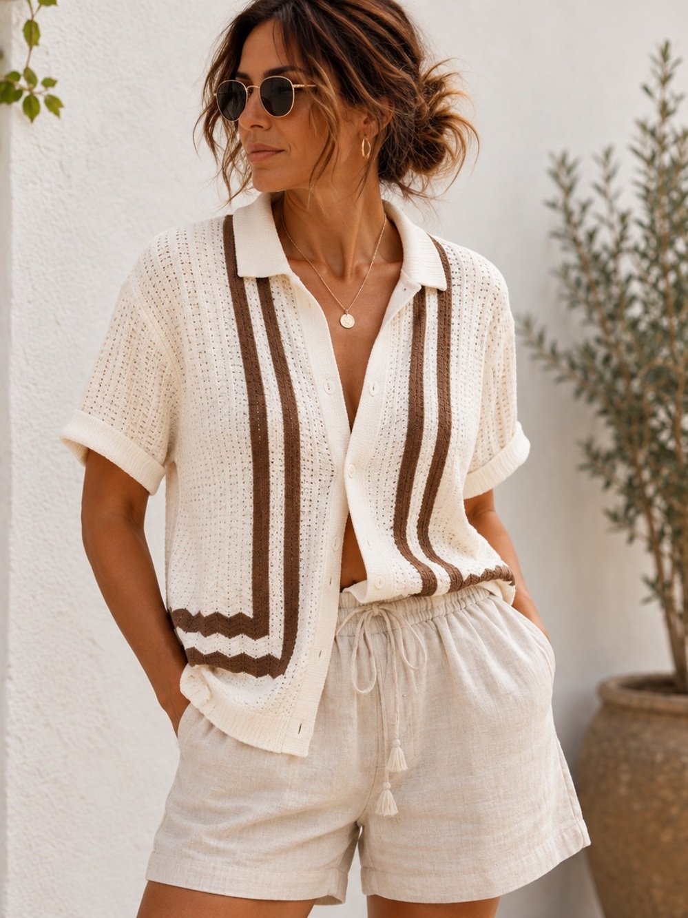 Unisex 100% Cotton Open Knit Polo Cardigan  Old Money Coastal